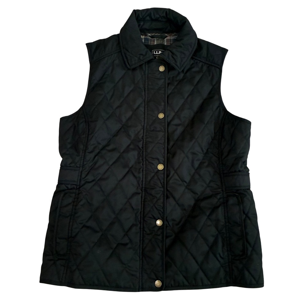 L.L.Bean Womens Medium Quilted Riding Vest Black Plaid Lined Snap Zip Equestrian